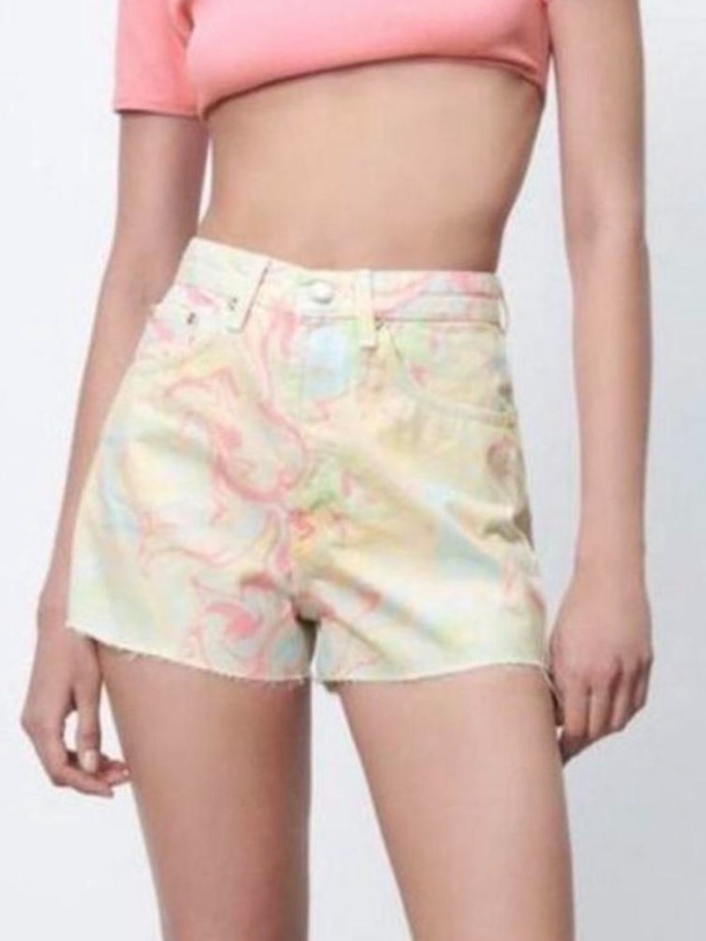 Zara Rainbow Marble High-Rise Denim Shorts- NWOT - Picture 2 of 15